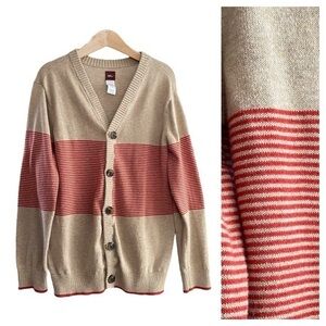 Tea Collection Tan Red Stripe Pima Cotton Cardigan Sweater 8